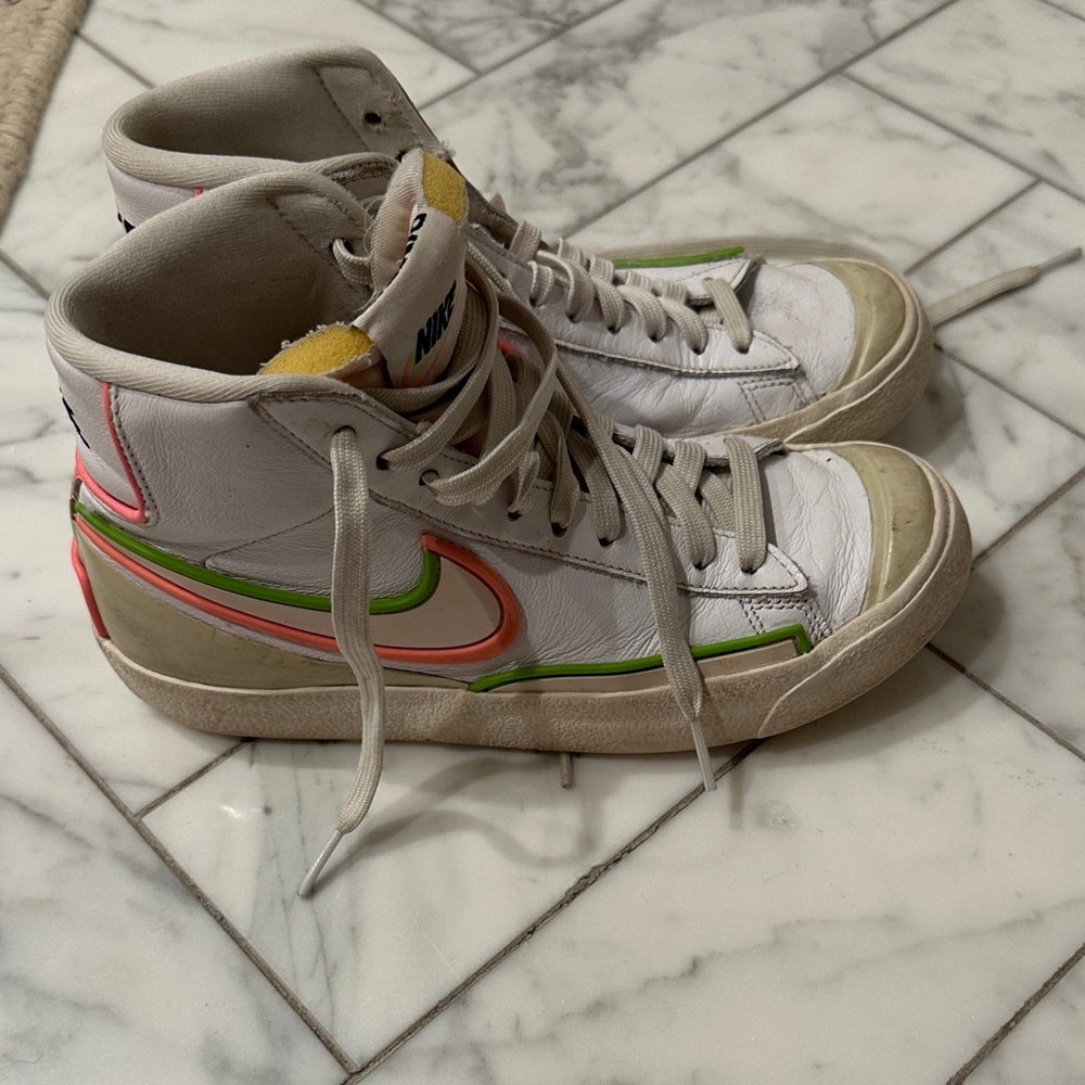 Nike White High-Tops with Green and Pink Highlights